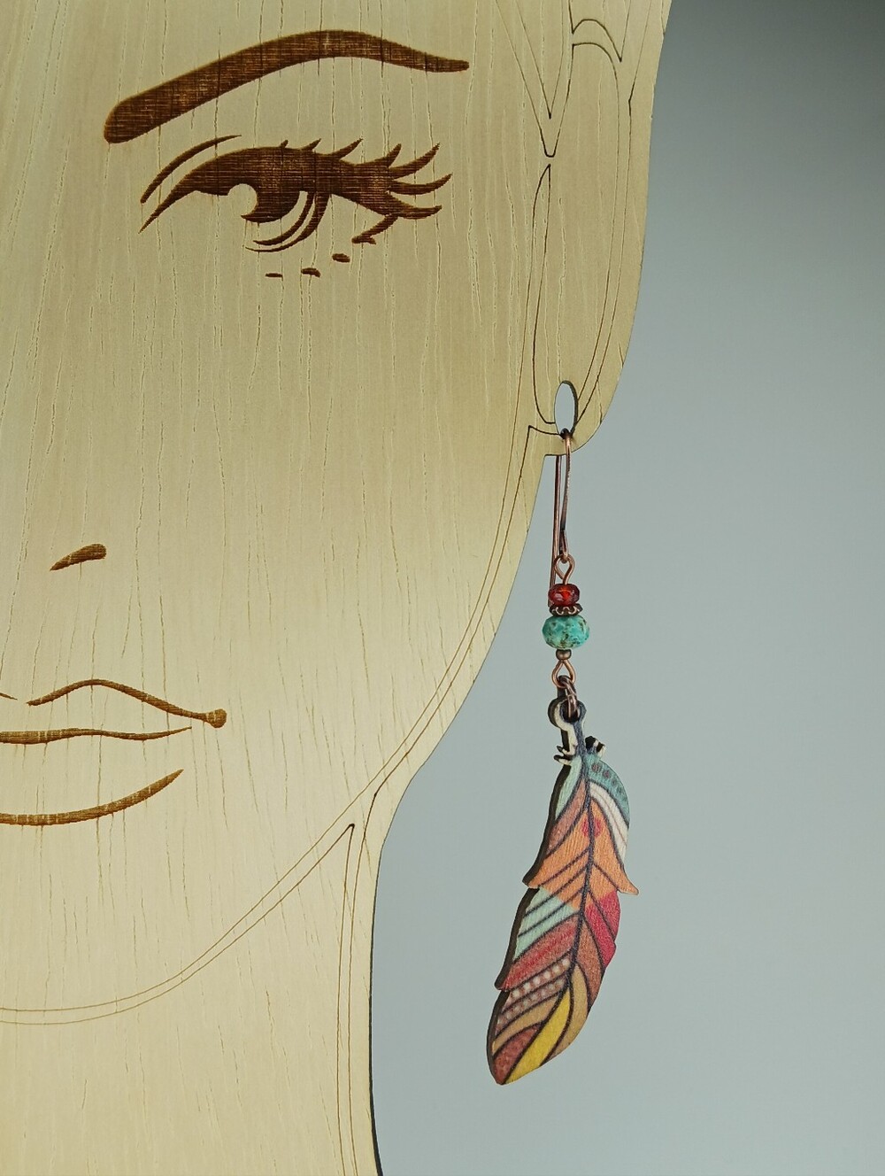 Painted Wood Feather Earrings African Turquoise Jasper Copper Artisan - Picture 6 of 7